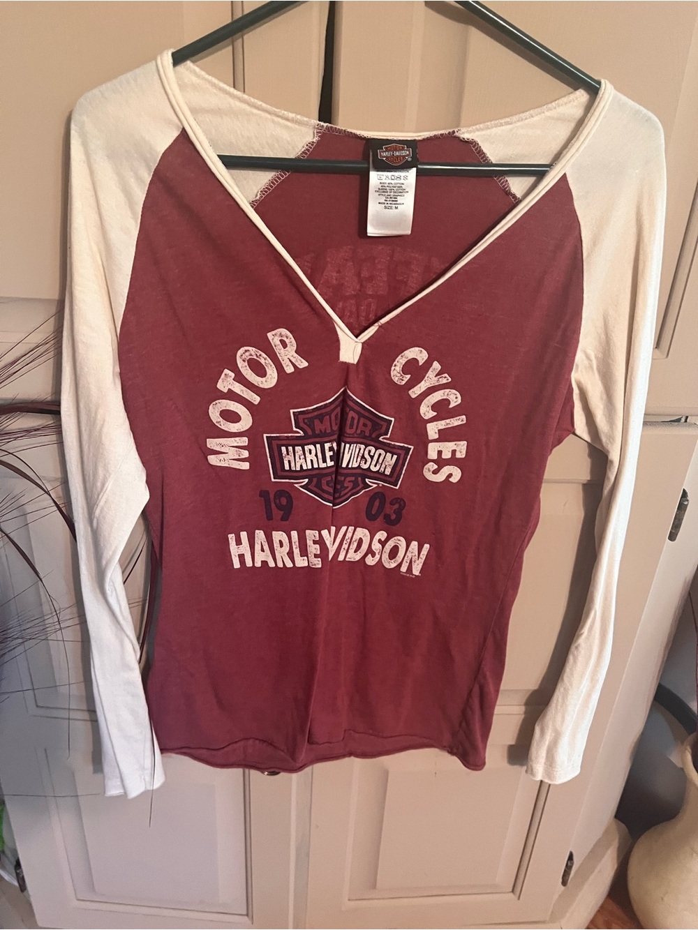 Harley-Davidson Burgundy and Cream Raglan V-Neck Long Sleeve Top